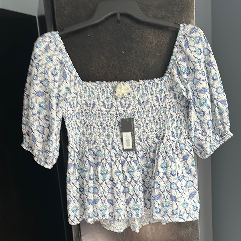 Sachin + Babi White and Blue Puff Sleeve Smocked Blouse